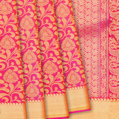 Hot Pink Handloom kanchipuram Silk Saree With Floral Vine Zari Motifs-Hot Pink