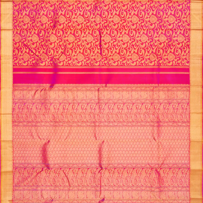 Hot Pink Handloom kanchipuram Silk Saree With Floral Vine Zari Motifs-Hot Pink