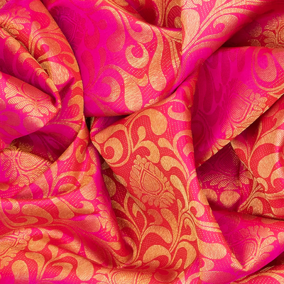 Hot Pink Handloom kanchipuram Silk Saree With Floral Vine Zari Motifs-Hot Pink