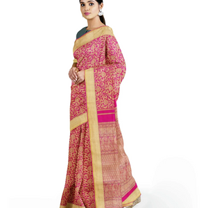 Hot Pink Handloom kanchipuram Silk Saree With Floral Vine Zari Motifs-Hot Pink