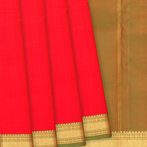 Red Handloom Kanchipuram Silk Saree With Checks & Green Pallu-Red