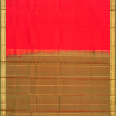 Red Handloom Kanchipuram Silk Saree With Checks & Green Pallu-Red