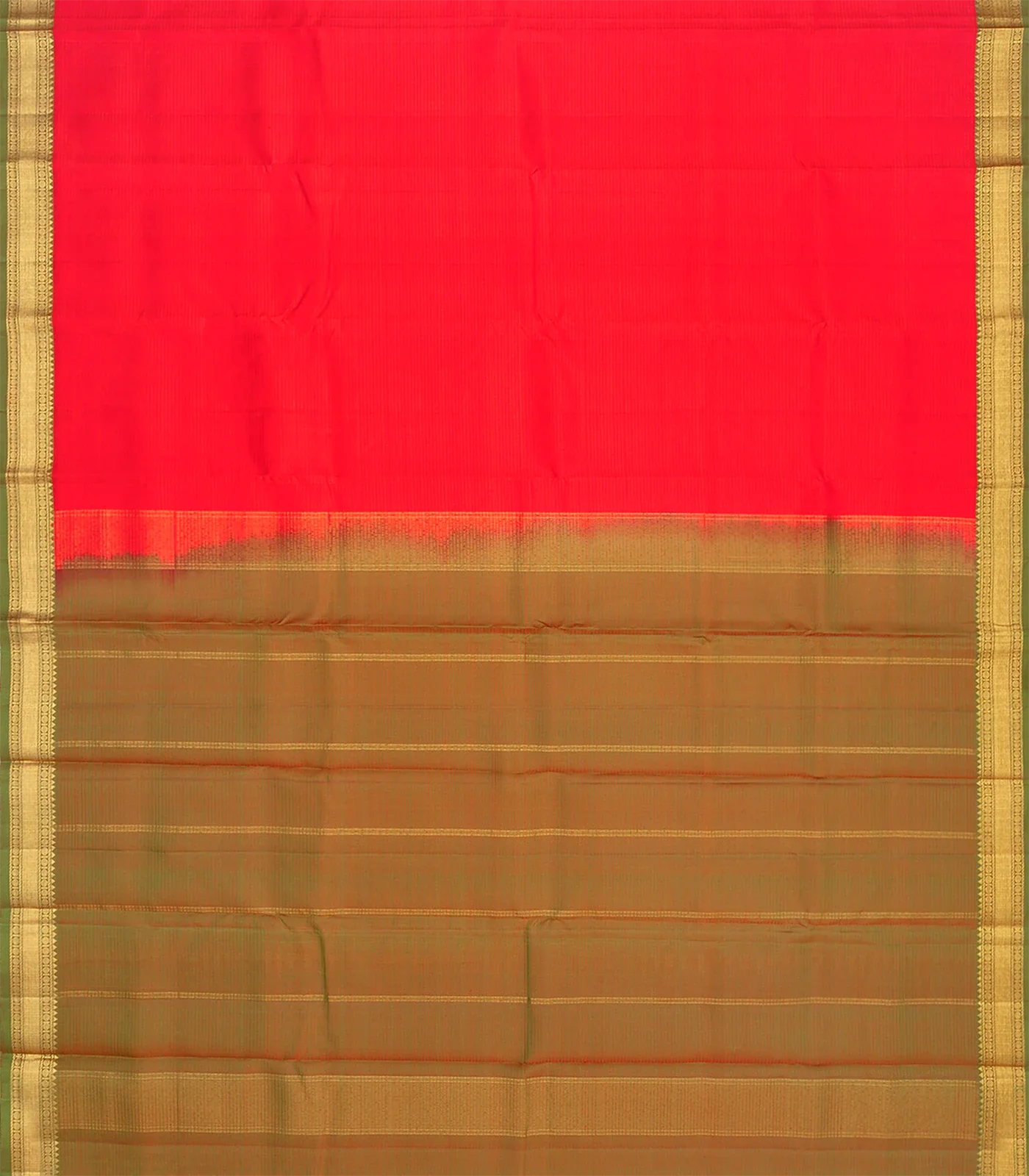 Red Handloom Kanchipuram Silk Saree With Checks & Green Pallu-Red