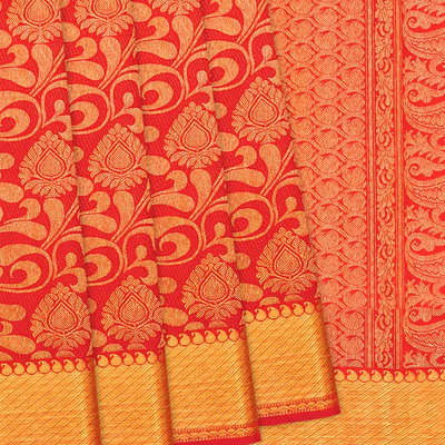 Red Handloom Kanchipuram Silk Saree With Floral Vine Motifs-Red
