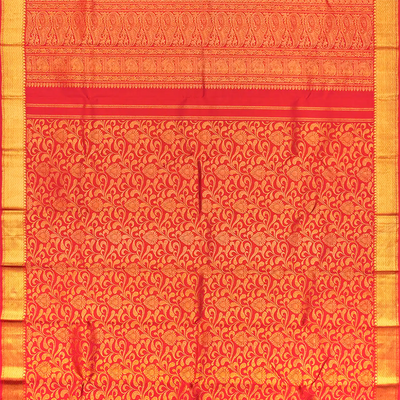 Red Handloom Kanchipuram Silk Saree With Floral Vine Motifs-Red