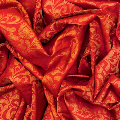 Red Handloom Kanchipuram Silk Saree With Floral Vine Motifs-Red