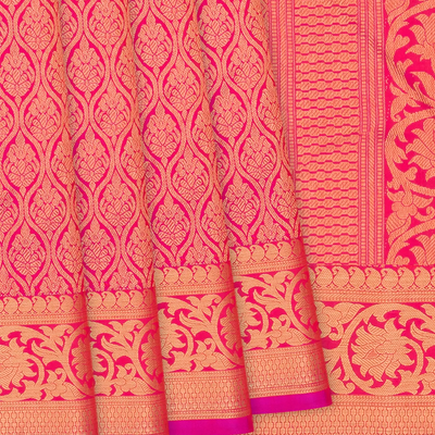 Pink Handloom Kanchipuram Silk Saree With Floral Jaal Zari Motifs-Pink