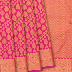 Pink Handloom Kanchipuram Silk Saree With Floral & Annam Motifs-Pink