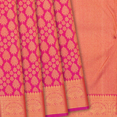 Pink Handloom Kanchipuram Silk Saree With Floral & Annam Motifs-Pink