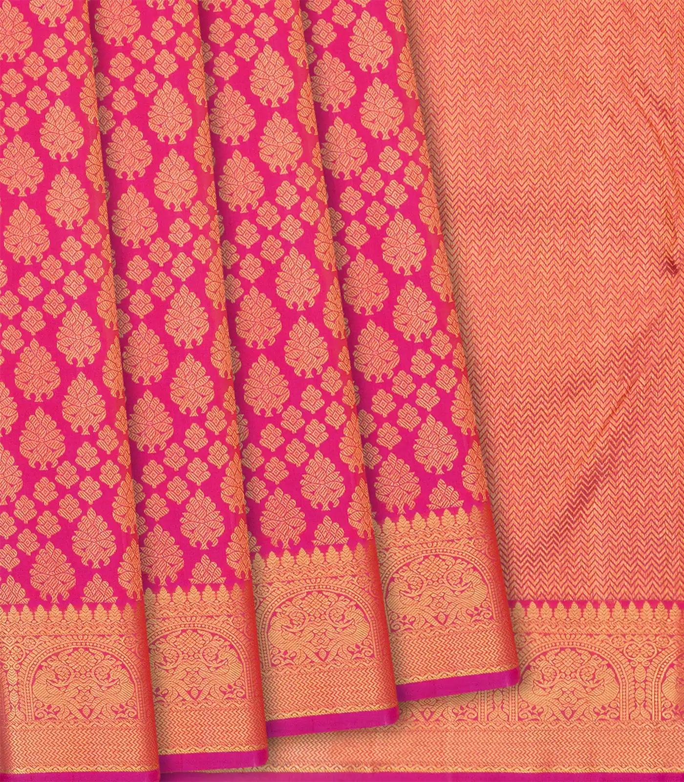 Pink Handloom Kanchipuram Silk Saree With Floral & Annam Motifs-Pink
