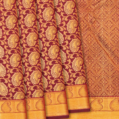 Maroon Handloom Kanchipuram Silk Saree With Mango Vine Zari Brocade-Maroon