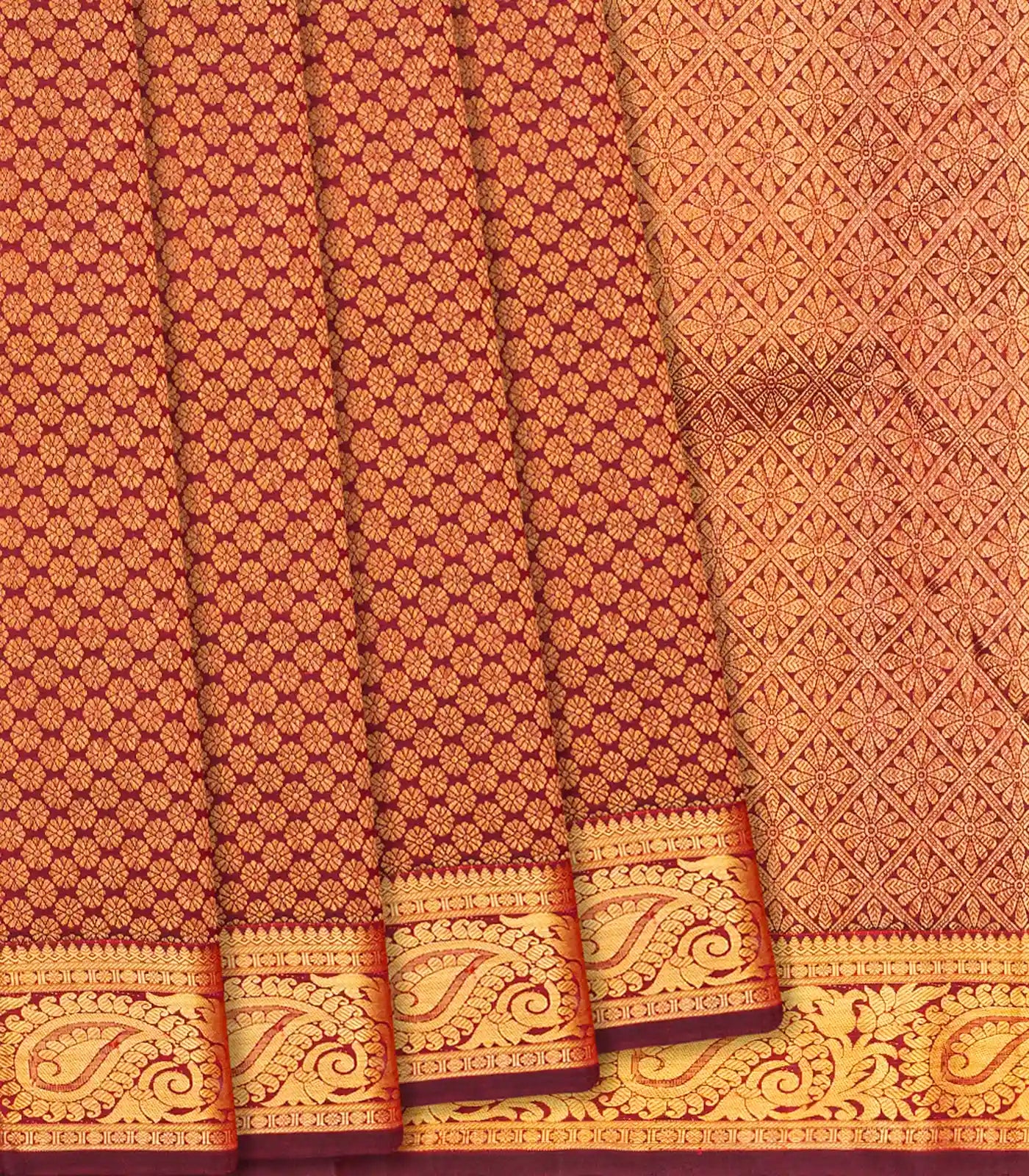 Maroon Handloom Kanchipuram Silk Saree With Kamalam Zari Brocade-Maroon