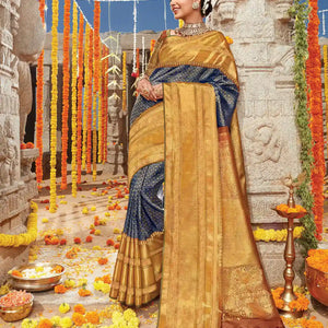 Indigo Handloom Kanchipuram Natural Dyed Tanjore Revival Silk Saree With Seer Border