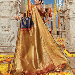 Indigo Handloom Kanchipuram Natural Dyed Tanjore Revival Silk Saree With Seer Border