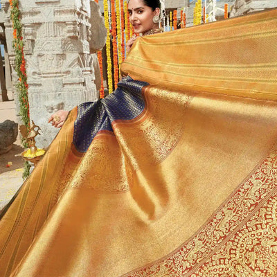 Indigo Handloom Kanchipuram Natural Dyed Tanjore Revival Silk Saree With Seer Border