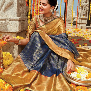 Indigo Handloom Kanchipuram Natural Dyed Tanjore Revival Silk Saree With Seer Border