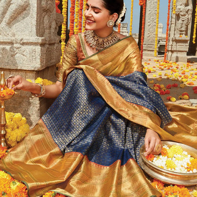 Indigo Handloom Kanchipuram Natural Dyed Tanjore Revival Silk Saree With Seer Border