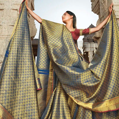 Indigo Handloom Natural Dyed Kanchipuram Lino Light Silk Saree