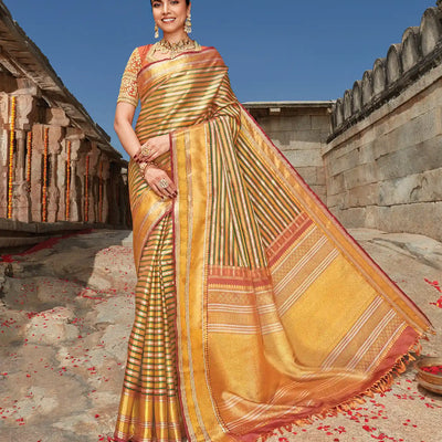 Multi Colour Handloom Natural Dyed Kanchipuram Udal Pettu Revival Silk Saree