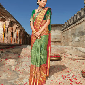 Green Handloom Natural Dyed Kodali Karuppur Inspired Kanchipuram Revival Silk Saree