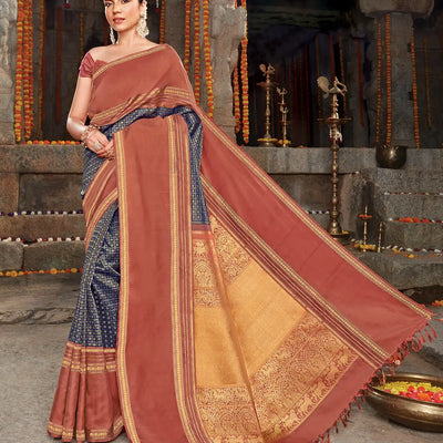 Indigo Handloom Kanchipuram Natural Dyed Tanjore Revival Silk Saree