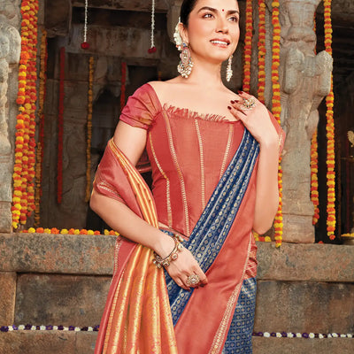 Indigo Handloom Kanchipuram Natural Dyed Tanjore Revival Silk Saree