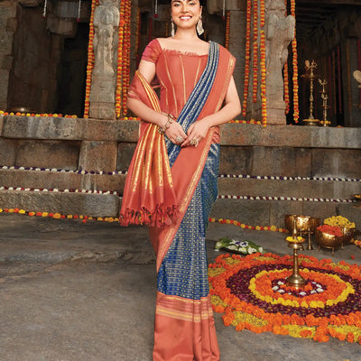 Indigo Handloom Kanchipuram Natural Dyed Tanjore Revival Silk Saree