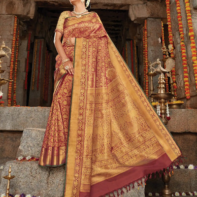 Crimson Handloom Natural Dyed Kanchipuram Revival Silk Saree With Gandaberunda Motifs