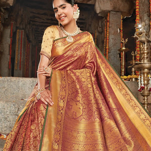 Crimson Handloom Natural Dyed Kanchipuram Revival Silk Saree With Gandaberunda Motifs