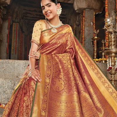 Crimson Handloom Natural Dyed Kanchipuram Revival Silk Saree With Gandaberunda Motifs