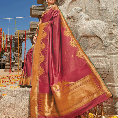 Crimson Handloom Natural Dyed Kanchipuram Revival Silk Saree With Uppada Parrot Motifs-Crimson