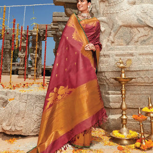 Crimson Handloom Natural Dyed Kanchipuram Revival Silk Saree With Uppada Parrot Motifs-Crimson