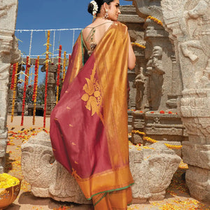 Crimson Handloom Natural Dyed Kanchipuram Revival Silk Saree With Uppada Parrot Motifs-Crimson