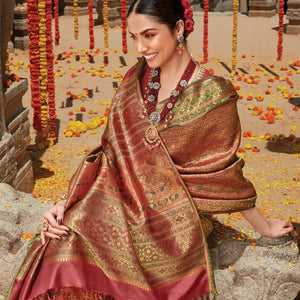 Crimson Handloom Natural Dyed Paithani Pallu Tissue Meenakari Kanchipuram Revival Silk Saree