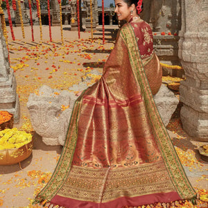 Crimson Handloom Natural Dyed Paithani Pallu Tissue Meenakari Kanchipuram Revival Silk Saree