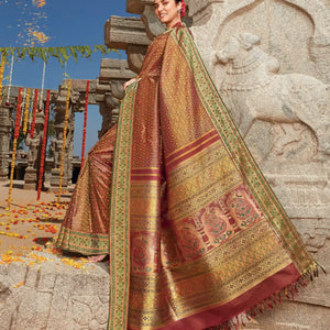 Crimson Handloom Natural Dyed Paithani Pallu Tissue Meenakari Kanchipuram Revival Silk Saree