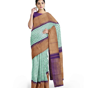 Aquamarine Handloom Kanchipuram Korvai Silk Saree With Checks-Aquamarine