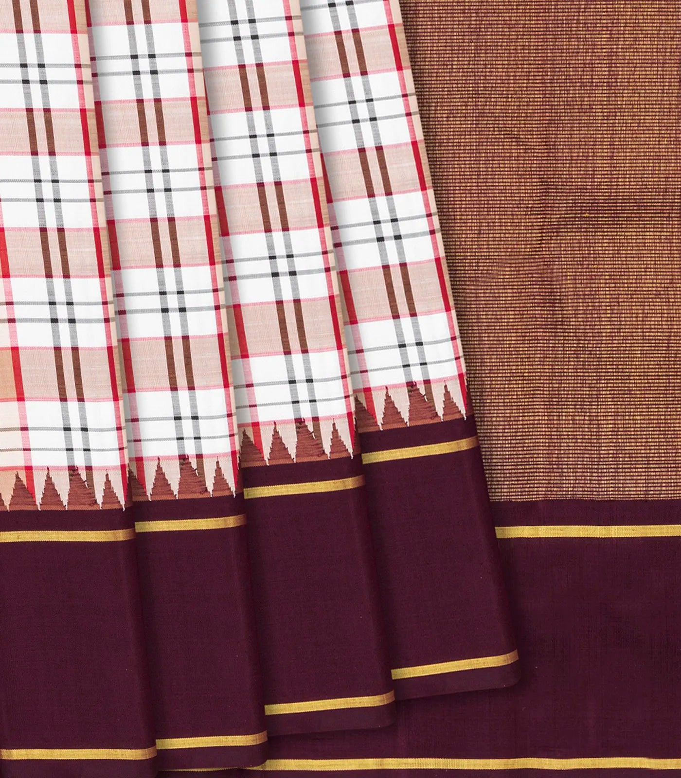 Multi Colour Handloom Kanchipuram Korvai Silk Saree With Checks-Multi colour