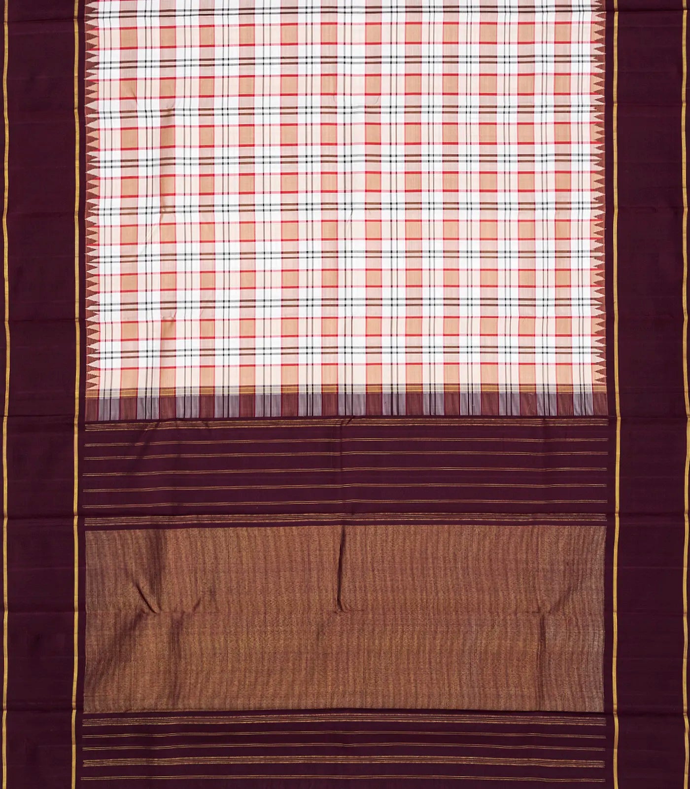 Multi Colour Handloom Kanchipuram Korvai Silk Saree With Checks-Multi colour