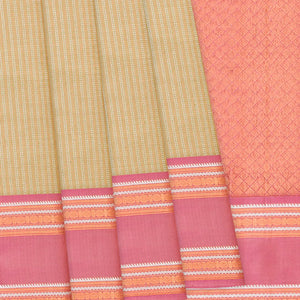 Sage Green Handloom Kanchipuram Korvai Silk Saree With Stripes-Sage Green