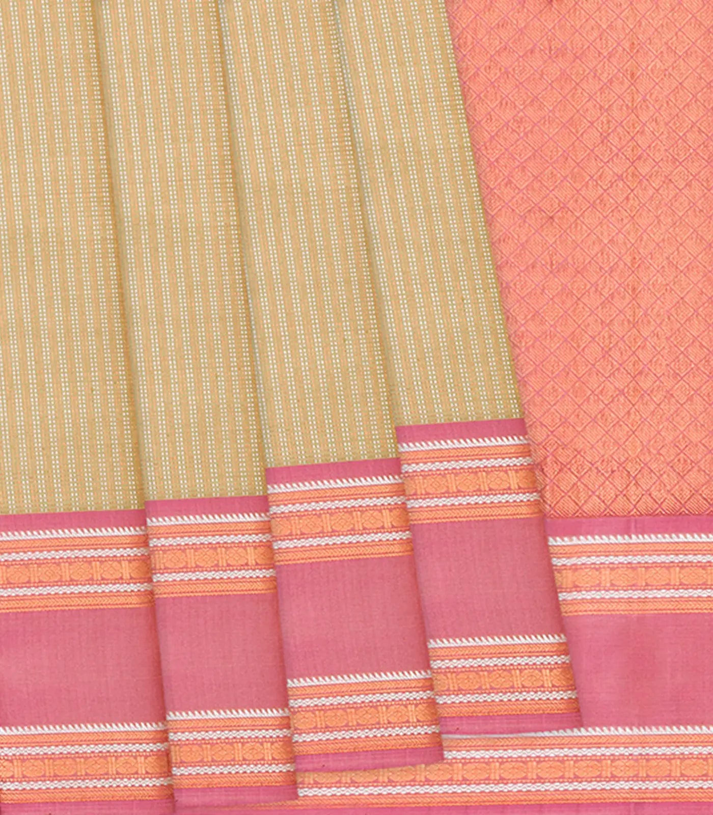 Sage Green Handloom Kanchipuram Korvai Silk Saree With Stripes-Sage Green