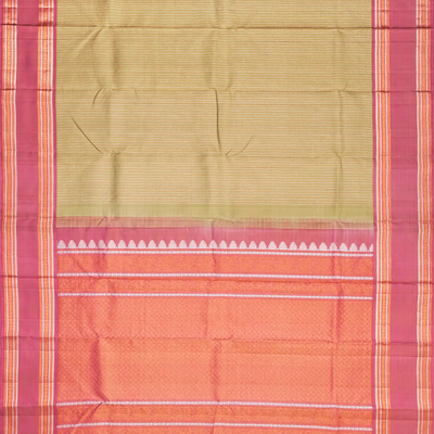 Sage Green Handloom Kanchipuram Korvai Silk Saree With Stripes-Sage Green