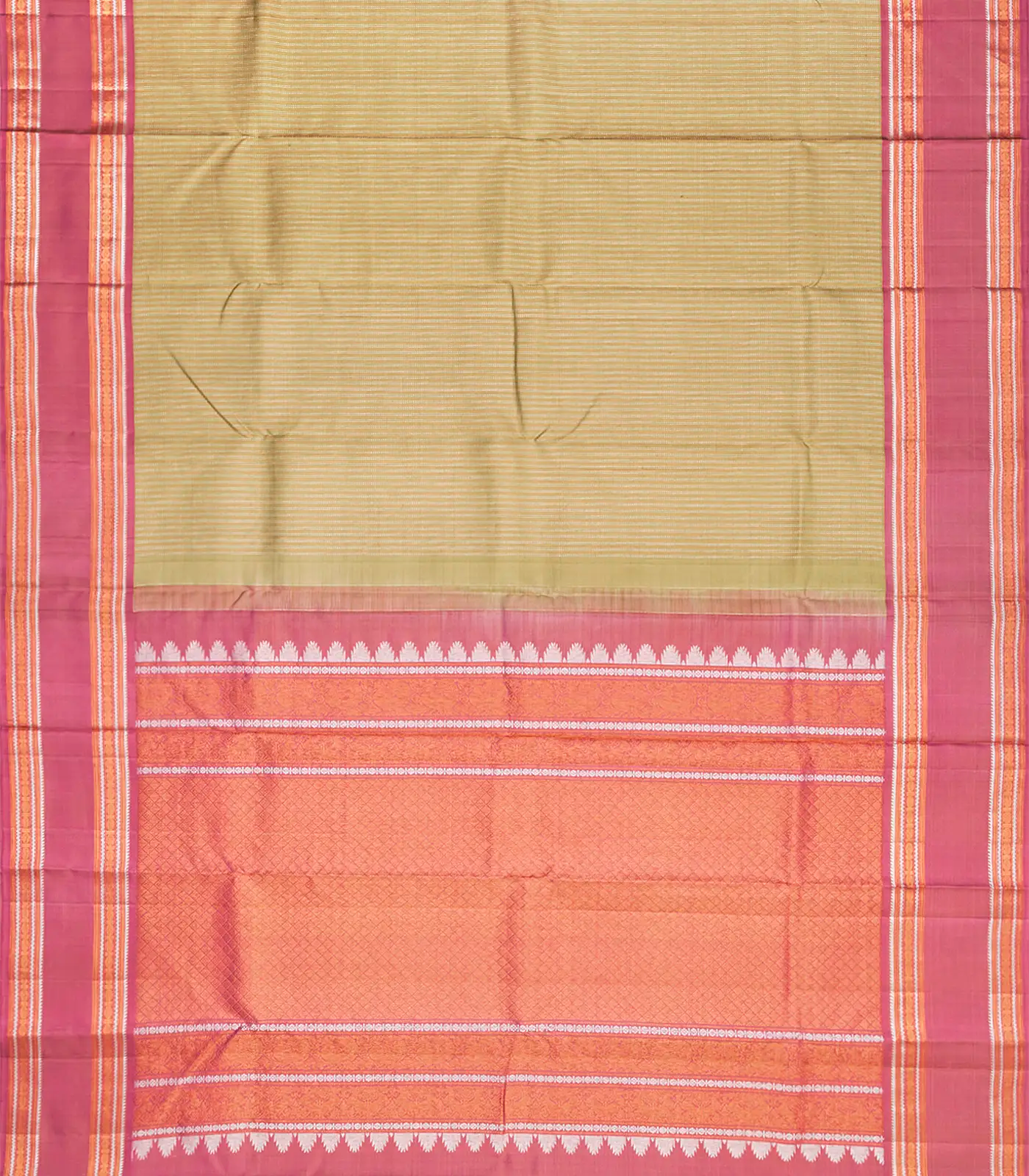Sage Green Handloom Kanchipuram Korvai Silk Saree With Stripes-Sage Green