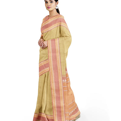 Sage Green Handloom Kanchipuram Korvai Silk Saree With Stripes-Sage Green