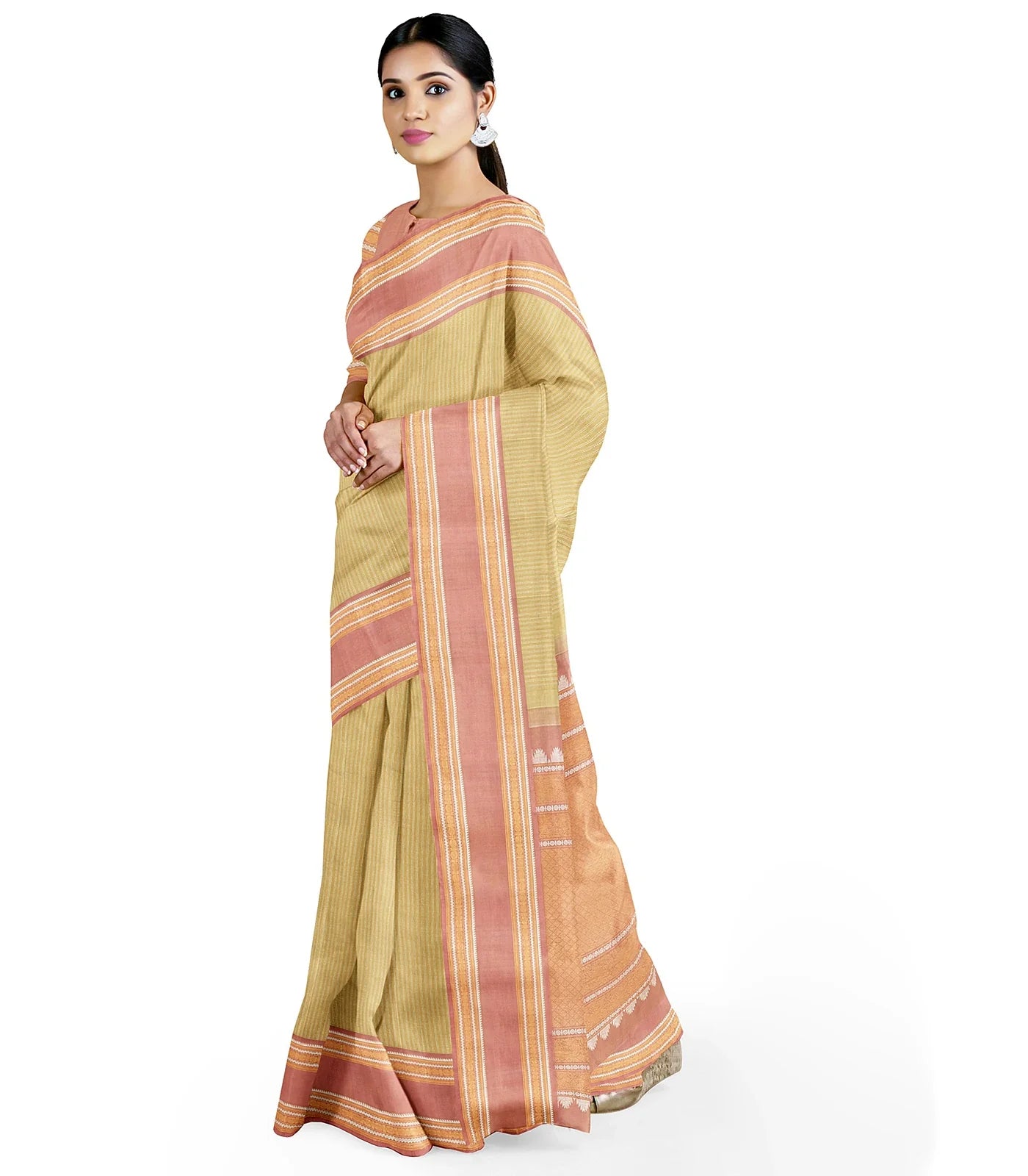 Sage Green Handloom Kanchipuram Korvai Silk Saree With Stripes-Sage Green