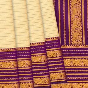 Sandal Handloom Kanchipuram Silk Saree With Stripes-Sandal