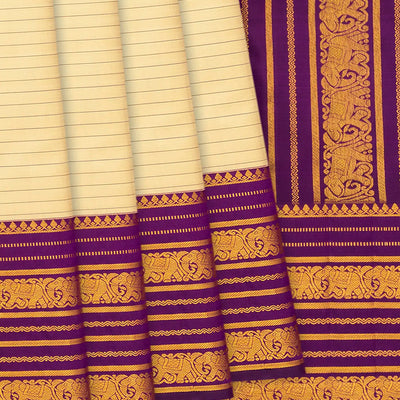 Sandal Handloom Kanchipuram Silk Saree With Stripes-Sandal