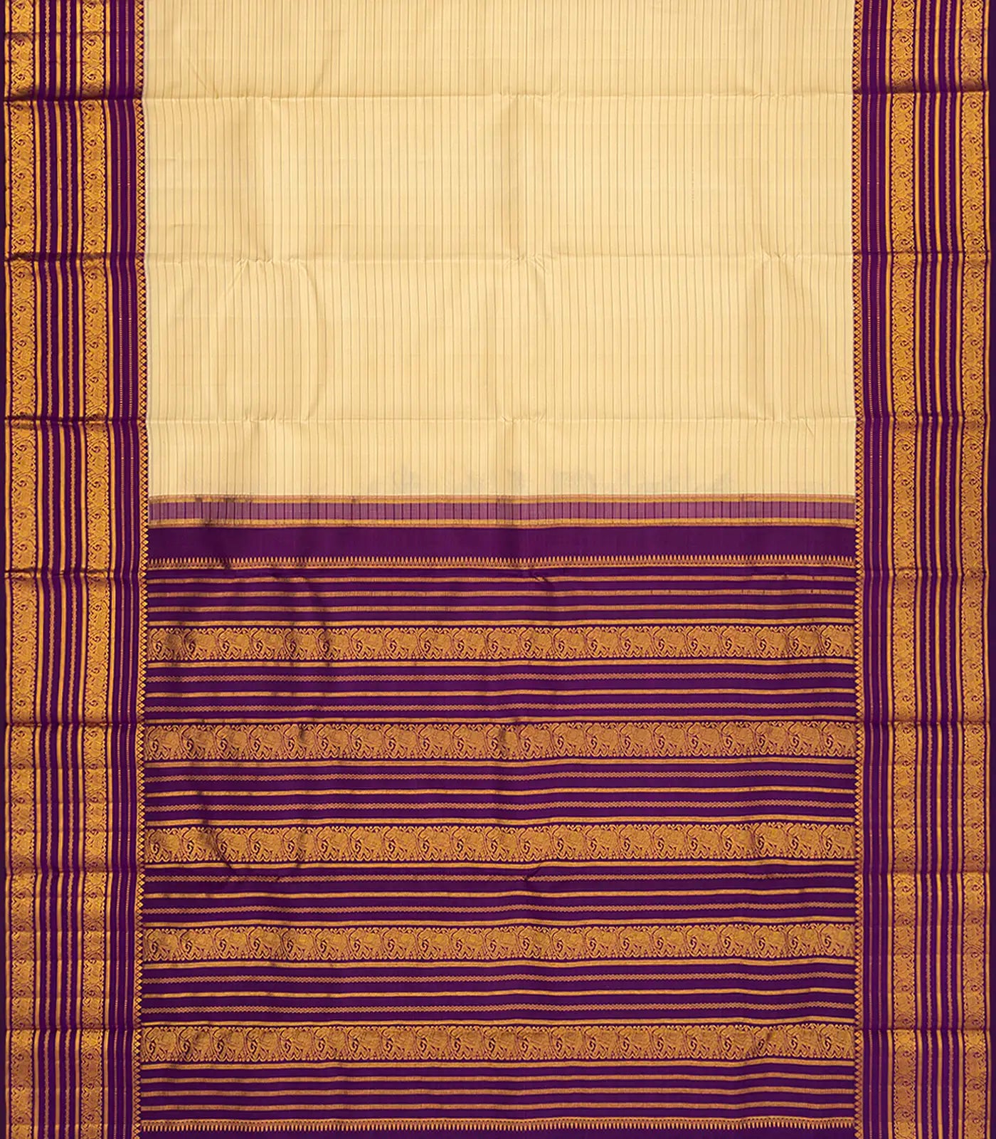 Sandal Handloom Kanchipuram Silk Saree With Stripes-Sandal