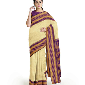 Sandal Handloom Kanchipuram Silk Saree With Stripes-Sandal