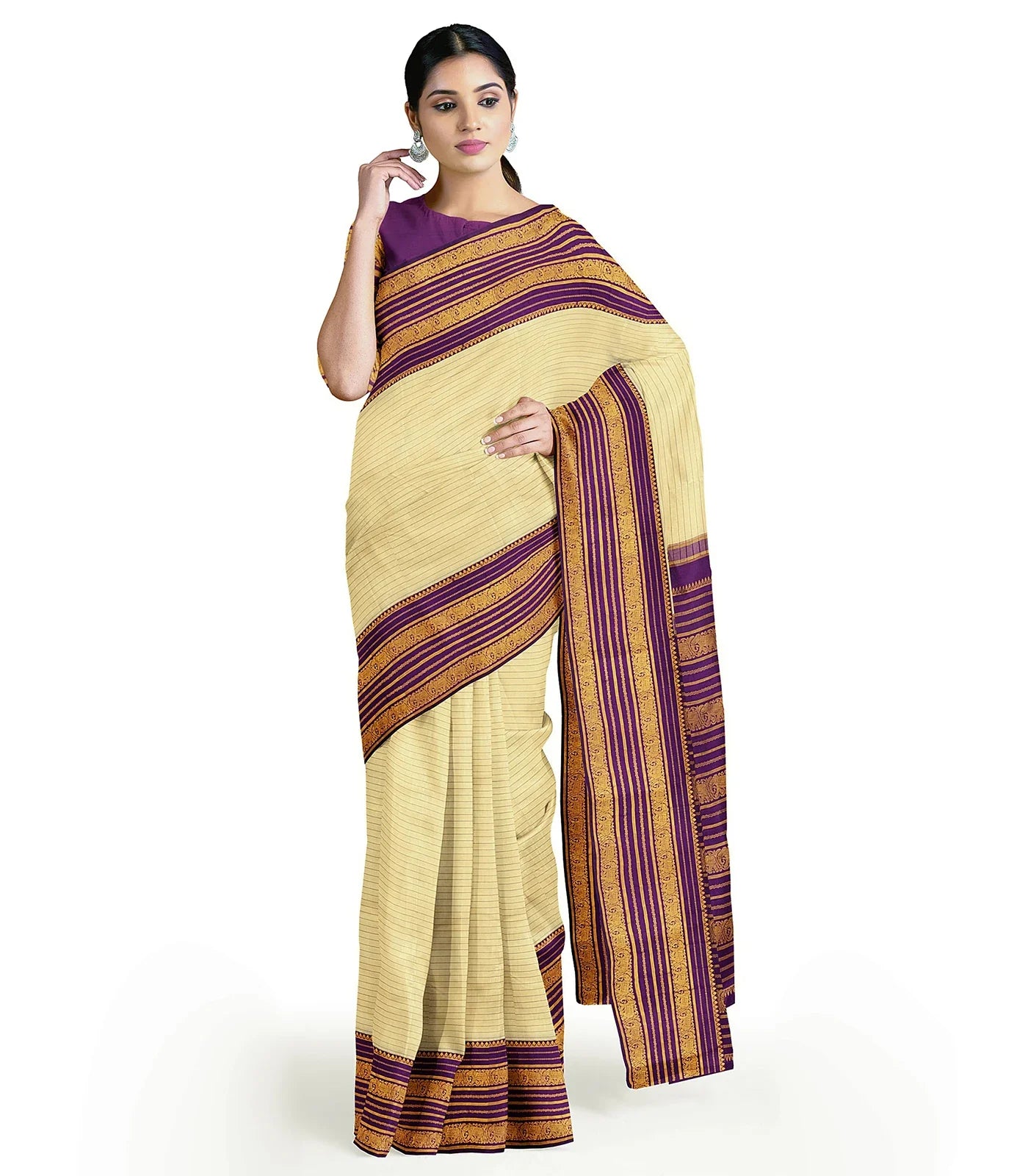 Sandal Handloom Kanchipuram Silk Saree With Stripes-Sandal